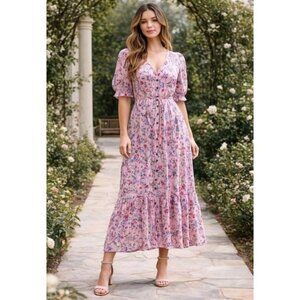Mason & Belle Pink Floral Crinkle Boho Maxi Dress Size Lrg. Romantic Cottagecore